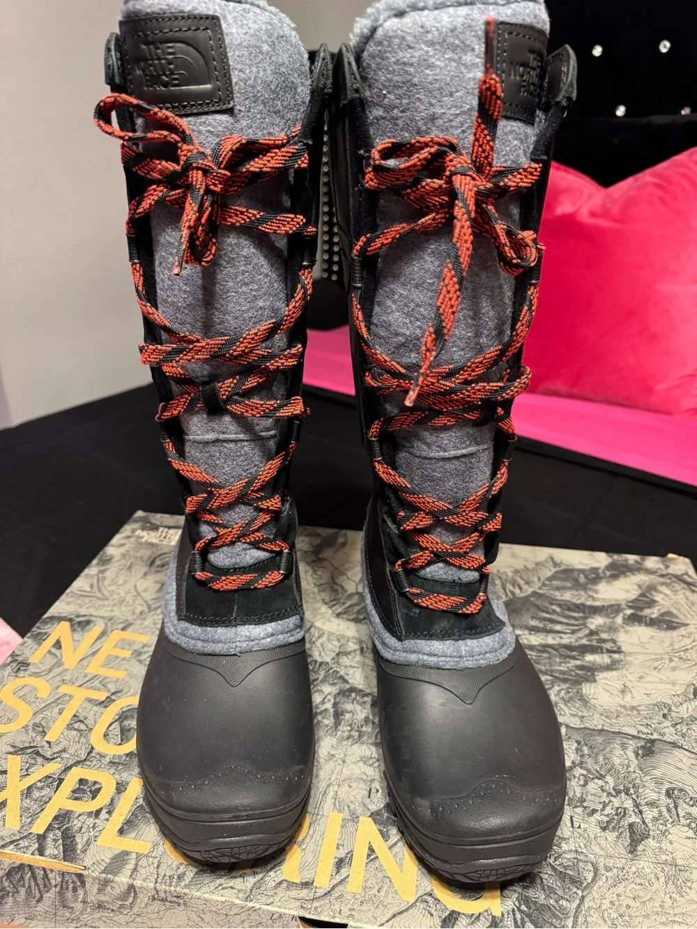 The North Face Women's Black and Gray Winter Lace-Up Boots with Red Accents